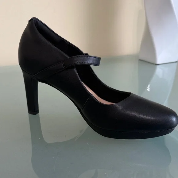 Clarks Mary Jane Heels Black Ankle Strap LEATHER Mary Jane Heels Size 8.5 - Picture 6 of 11